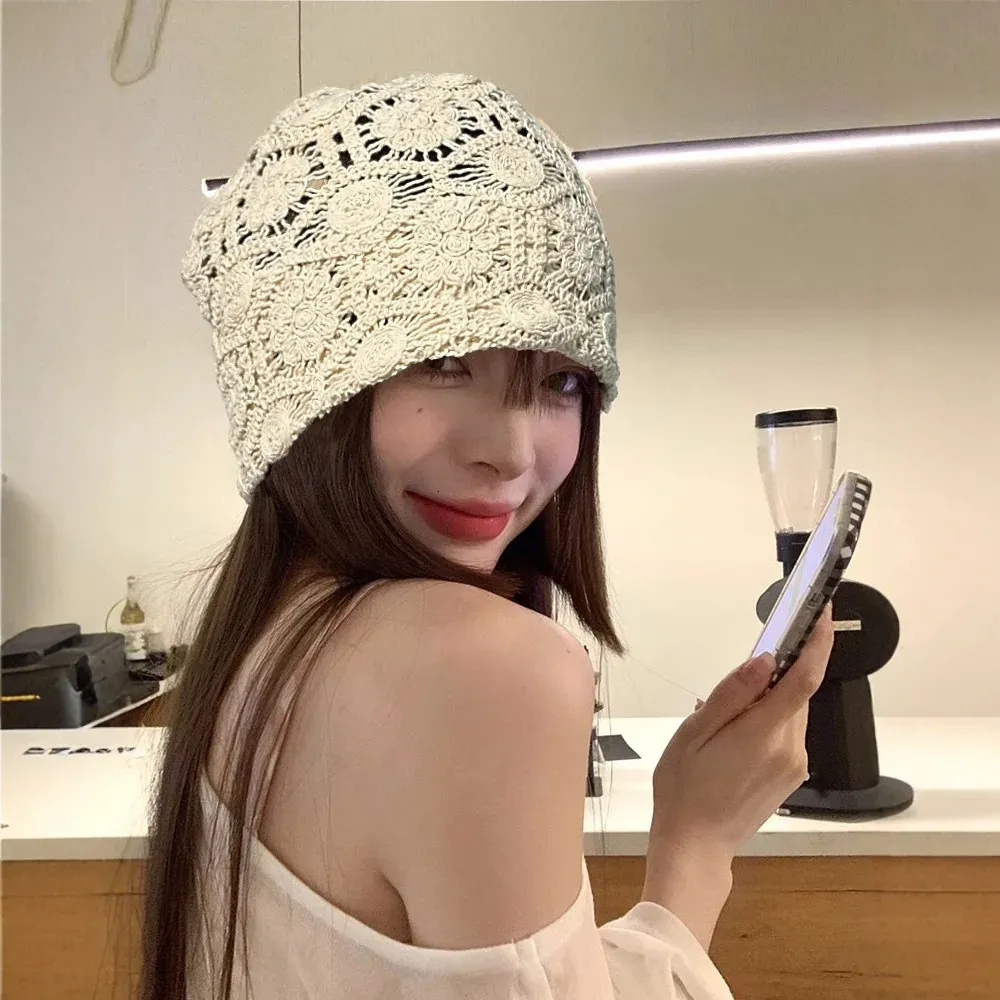 Womens Floral Lace Knit Slouchy Beanie Spring Summer Hollow Out