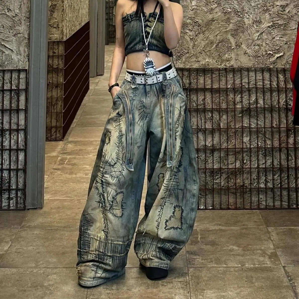 Personsoul Vintage Distressed Wide Fit Denim Pants ... From 