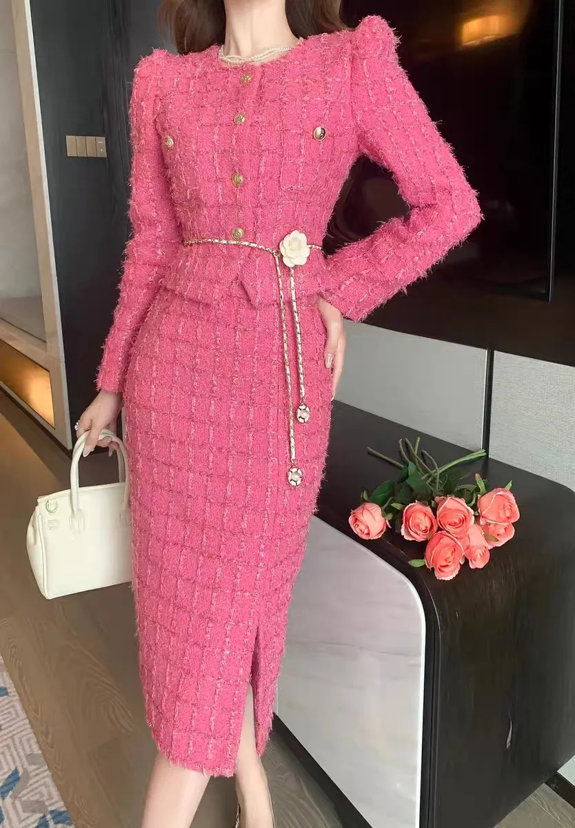winter two piece dress Plaid Two-Piece Set-Up UrbanSheek Straight Skirt Set features high BLVB Women's Fall Winter Two