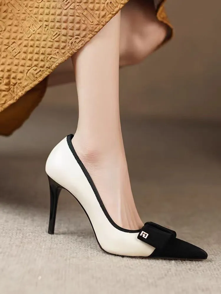 Pointed Toe Single For Women 2024 Spring Summer Shallow Mouth Color Block Bow High Heels Stiletto Sexy Fashion Elegant_voghion.com