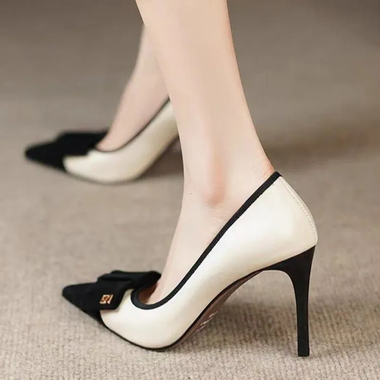 Pointed Toe Single For Women 2024 Spring Summer Shallow Mouth Color Block Bow High Heels Stiletto Sexy Fashion Elegant_voghion.com