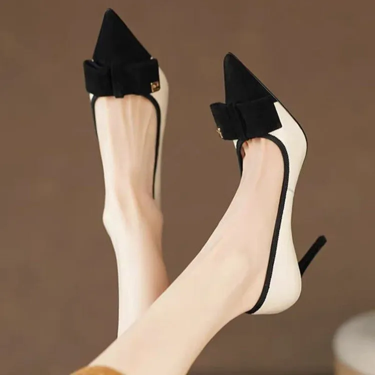Pointed Toe Single For Women 2024 Spring Summer Shallow Mouth Color Block Bow High Heels Stiletto Sexy Fashion Elegant_voghion.com