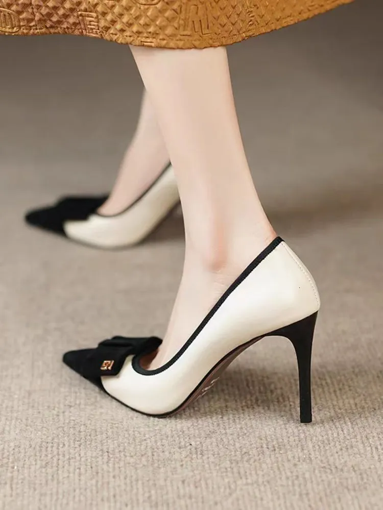 Pointed Toe Single For Women 2024 Spring Summer Shallow Mouth Color Block Bow High Heels Stiletto Sexy Fashion Elegant_voghion.com