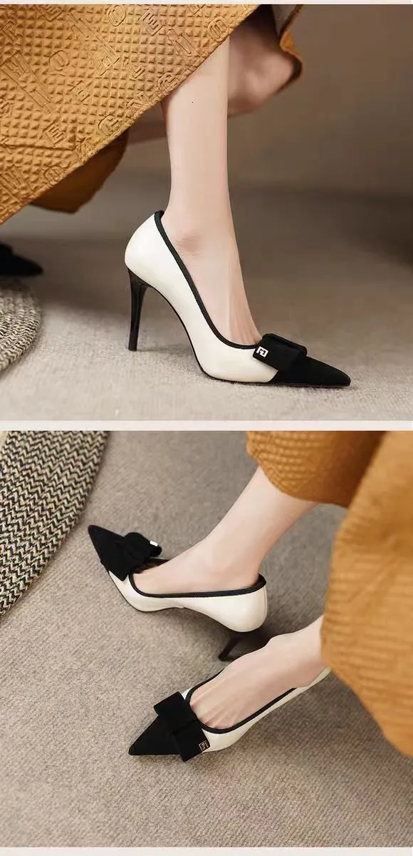 Pointed Toe Single For Women 2024 Spring Summer Shallow Mouth Color Block Bow High Heels Stiletto Sexy Fashion Elegant_voghion.com