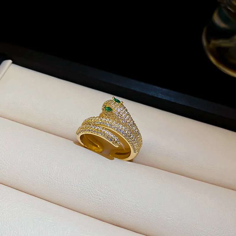 Gold Tone Snake - Shaped Ring With Rhinestone Emerald Accents Edgy Party Gift For Her High Quality And Sparkling Jewelry_voghion.com