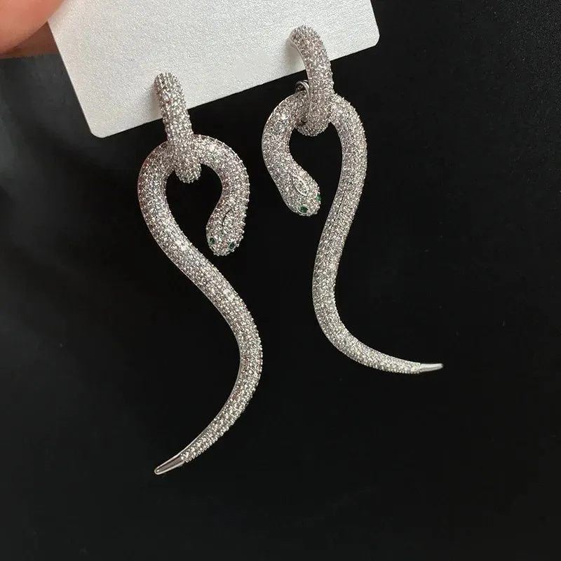 Silver Tone Snake Shaped Drop Earrings With Rhinestone Emerald Accents Edgy Party Gift For Her High Quality And_voghion.com