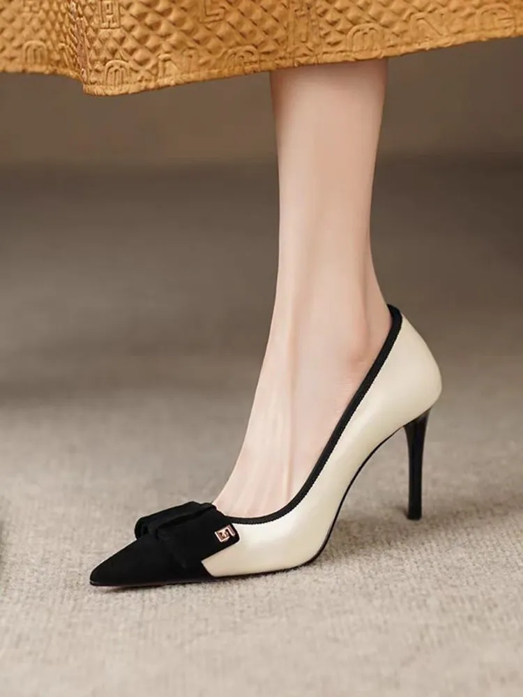 Pointed Toe Single For Women 2024 Spring Summer Shallow Mouth Color Block Bow High Heels Stiletto Sexy Fashion Elegant_voghion.com
