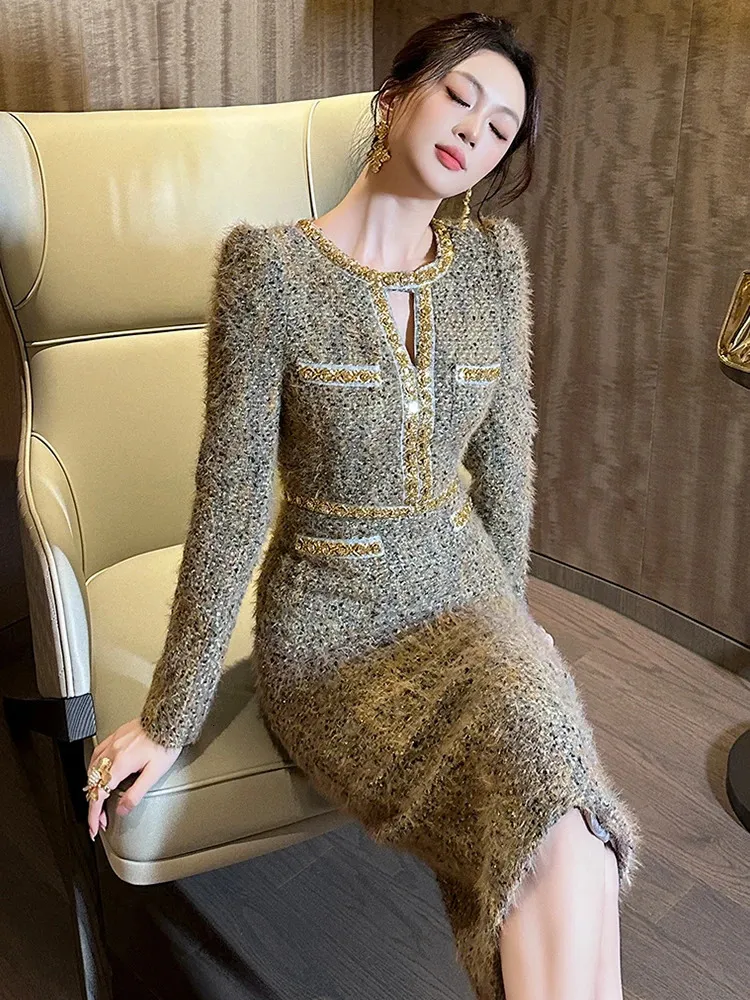Vintage Tweed Hollow Midi Pencil White and Gold Dress - Elegant O-Neck Slim Fit for Women's Evening Party and Formal Occasions (250723)