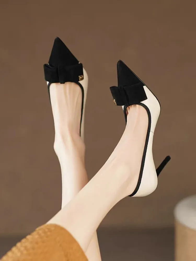 Pointed Toe Single For Women 2024 Spring Summer Shallow Mouth Color Block Bow High Heels Stiletto Sexy Fashion Elegant_voghion.com