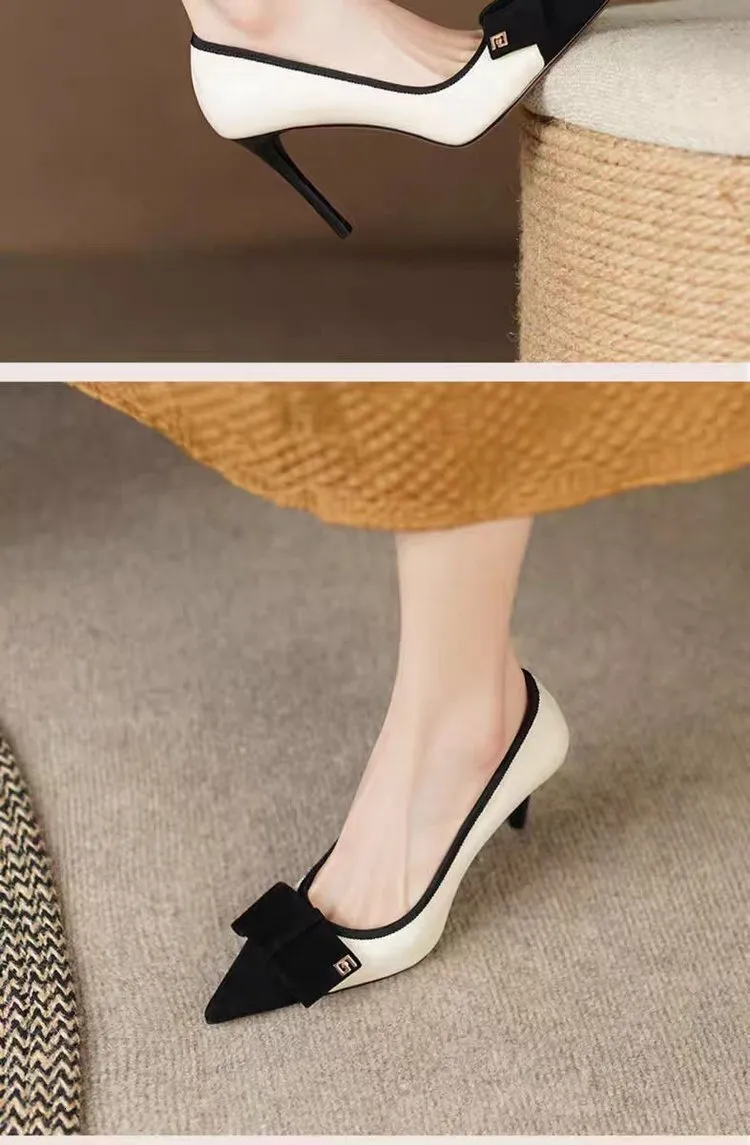Pointed Toe Single For Women 2024 Spring Summer Shallow Mouth Color Block Bow High Heels Stiletto Sexy Fashion Elegant_voghion.com