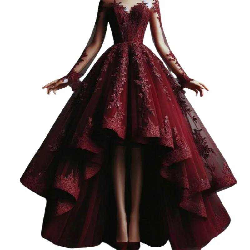 Burgundy High Low Prom Dresses Long Sleeves A-Line Classic Evening Gown Lace Appliques Short Front Long Back Reception Dress Party Occasion Wear