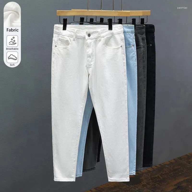 Mens Jeans White Slim Straight Ankle Length Soft Comfort Elastic