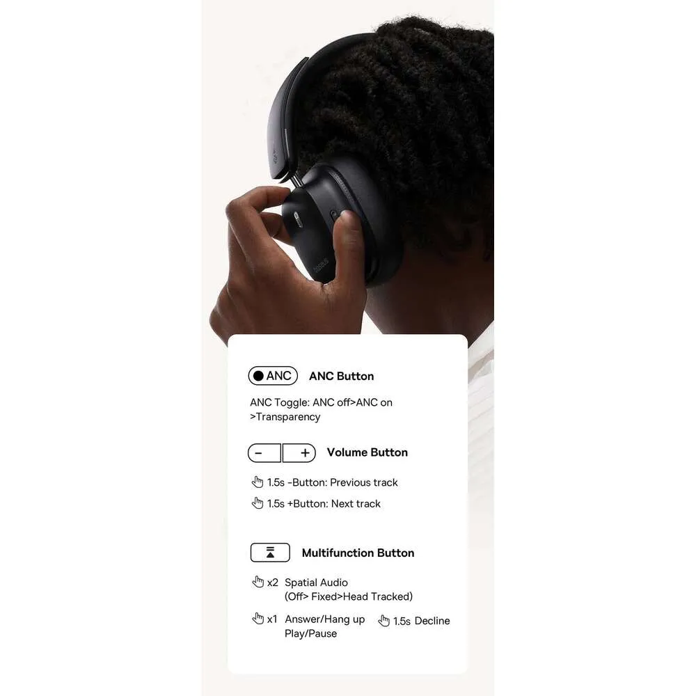 Baseus ANC Wireless Headphone Hi-Res LDAC Headset Bluetooth 5.4 BISA Pro Spatial Audio 50Mm Driver Overhead Earphone_voghion.com