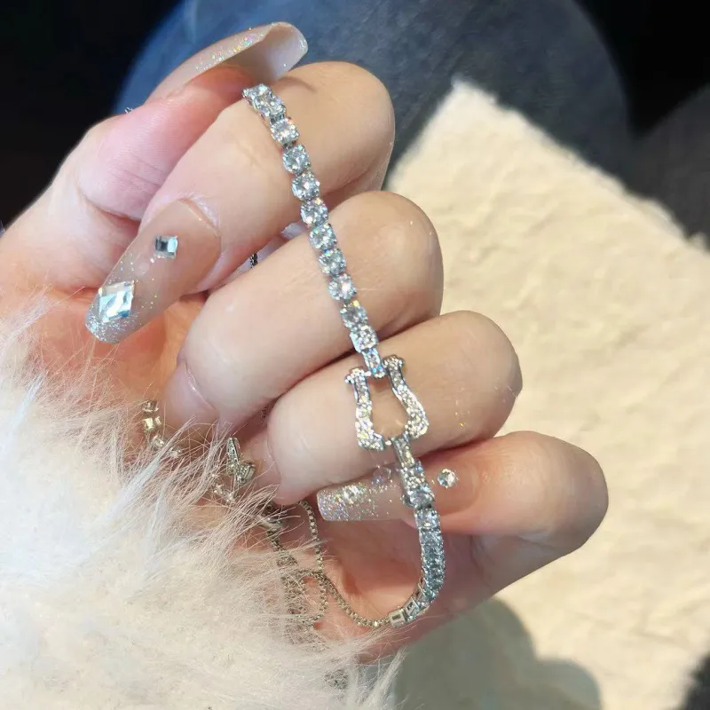 Silver Tone Buckle Shaped Slider Bracelet Baguette Round Crystal Accents Elegant Party Daily Wear Gift For Her High_voghion.com