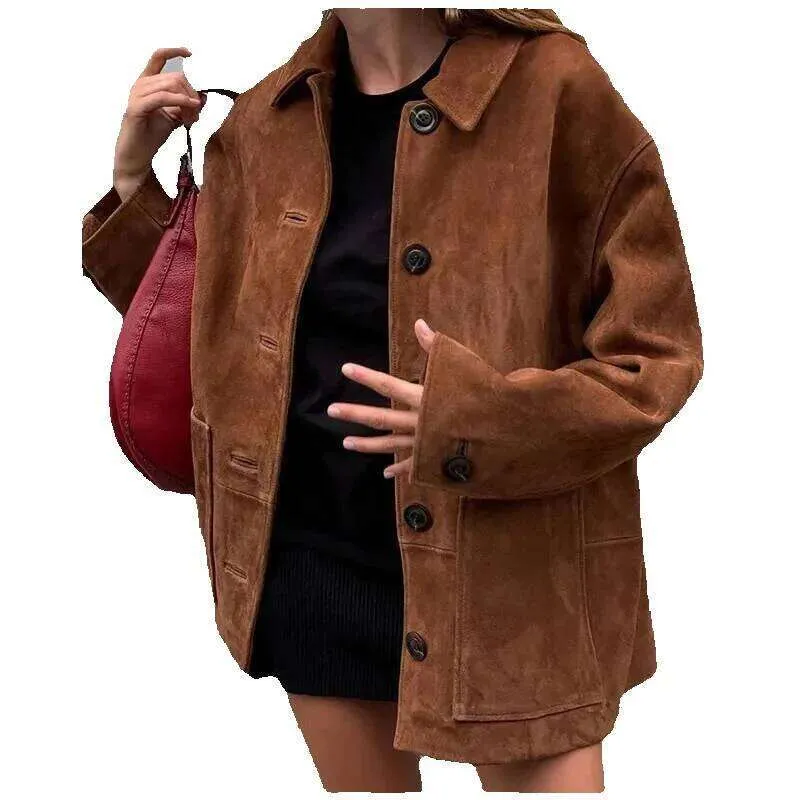 Veste Femme Imitation Daim Marron - Style Rétro, Coupe Oversize, Pour Automne/hiver, Look Y2K - 8