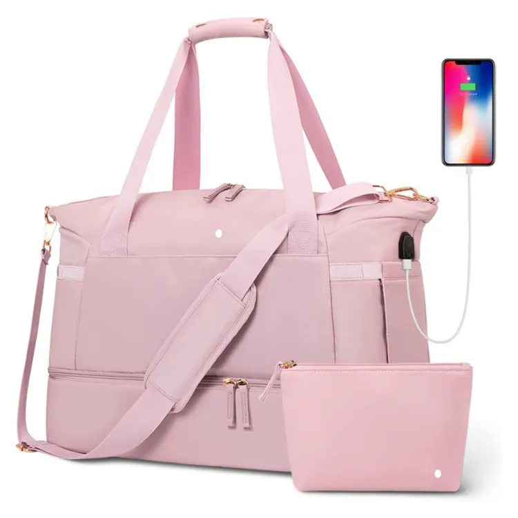 POPRUN Borsa Sportiva da Donne da Viaggio Weekender con Scomparto per Scarpe e Scomparto Bagnato, Impermeabile per Uomini e Donne Borsa per Sport, Fitness, Palestra, Travel Bag, Duffel Bag, 40L, Rosa