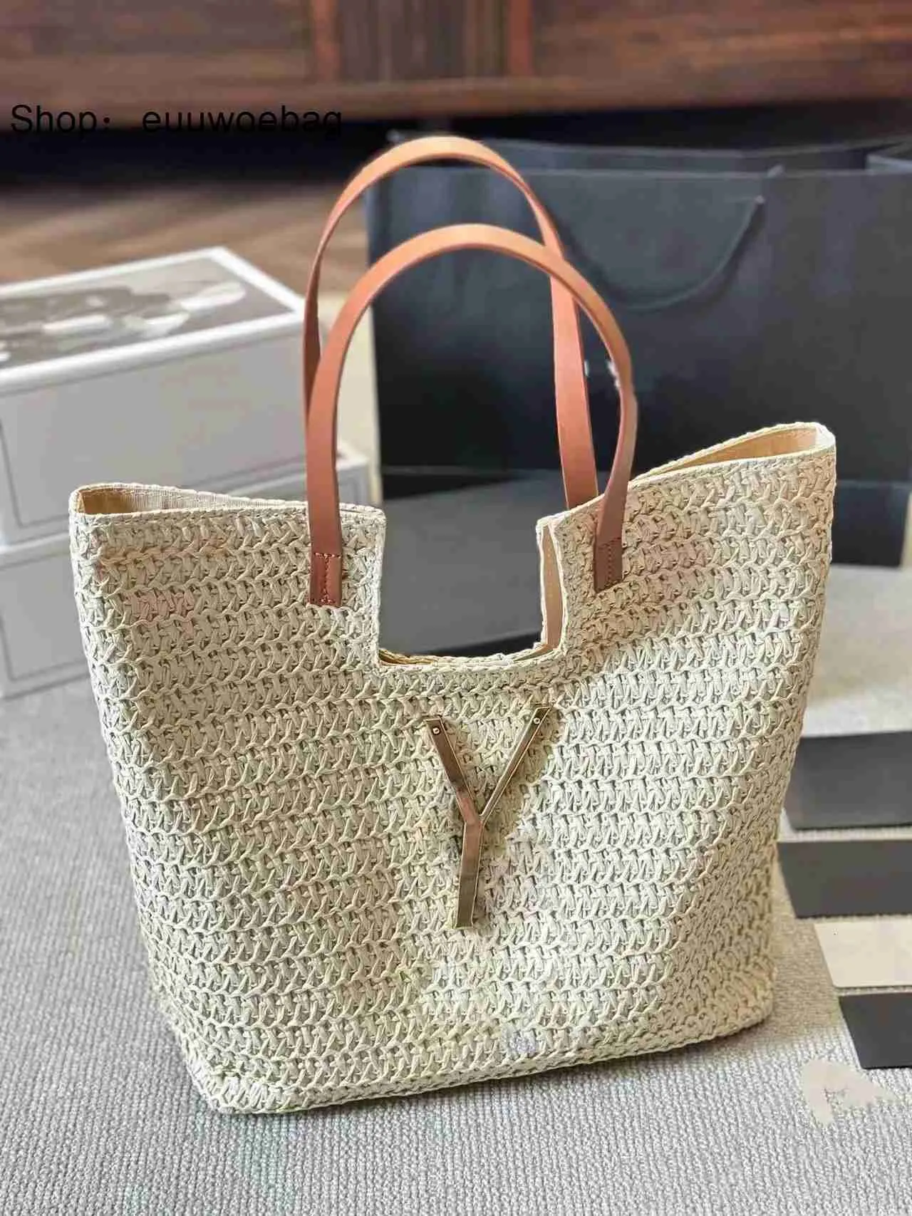 Woven Straw Tote Bag With Leather Accents: Large Designer Shoulder Bag ...