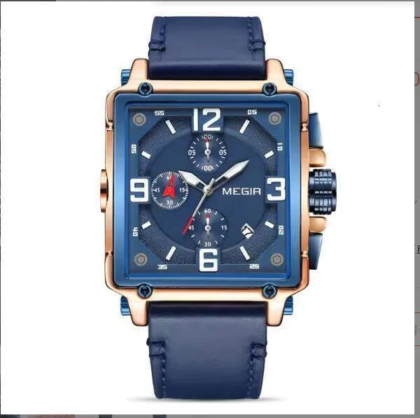 MEGIR Mens Square Chronograph Watch Waterproof, Luminous, Leather
