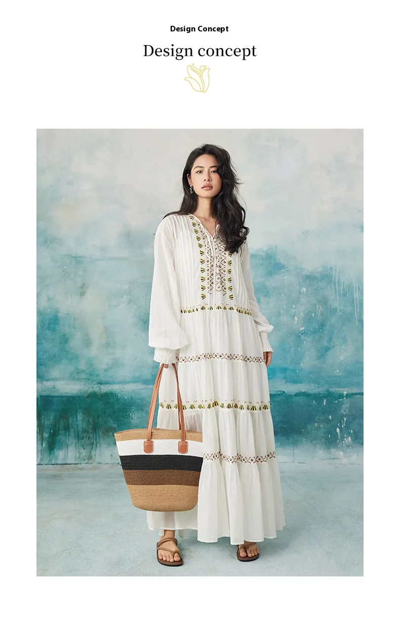 Robe Patchwork Bleu Clair à Col En V Et Demi-manches