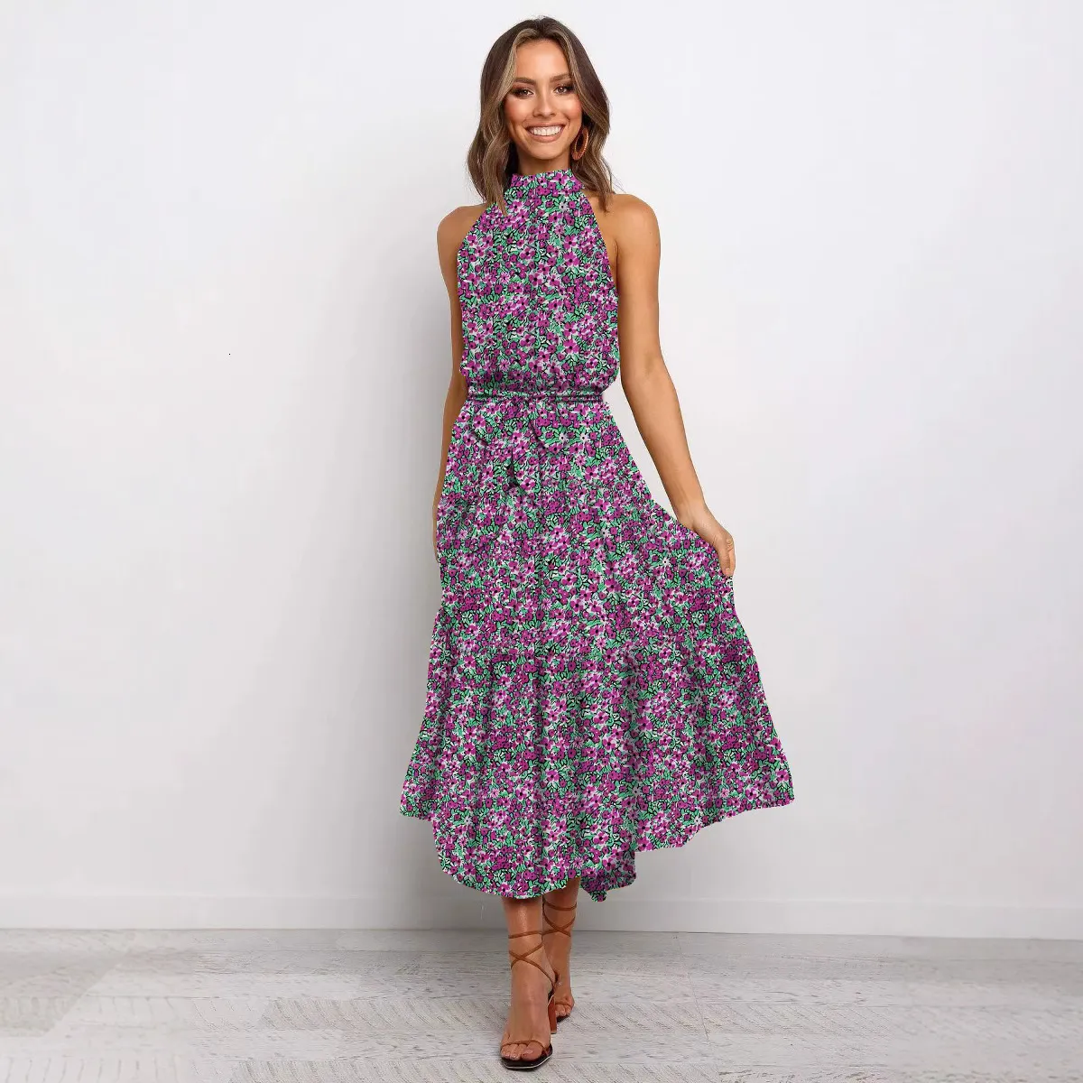 2025 Womens Long Dress Halter Neck Polka Dot Print Tie Dress De 13