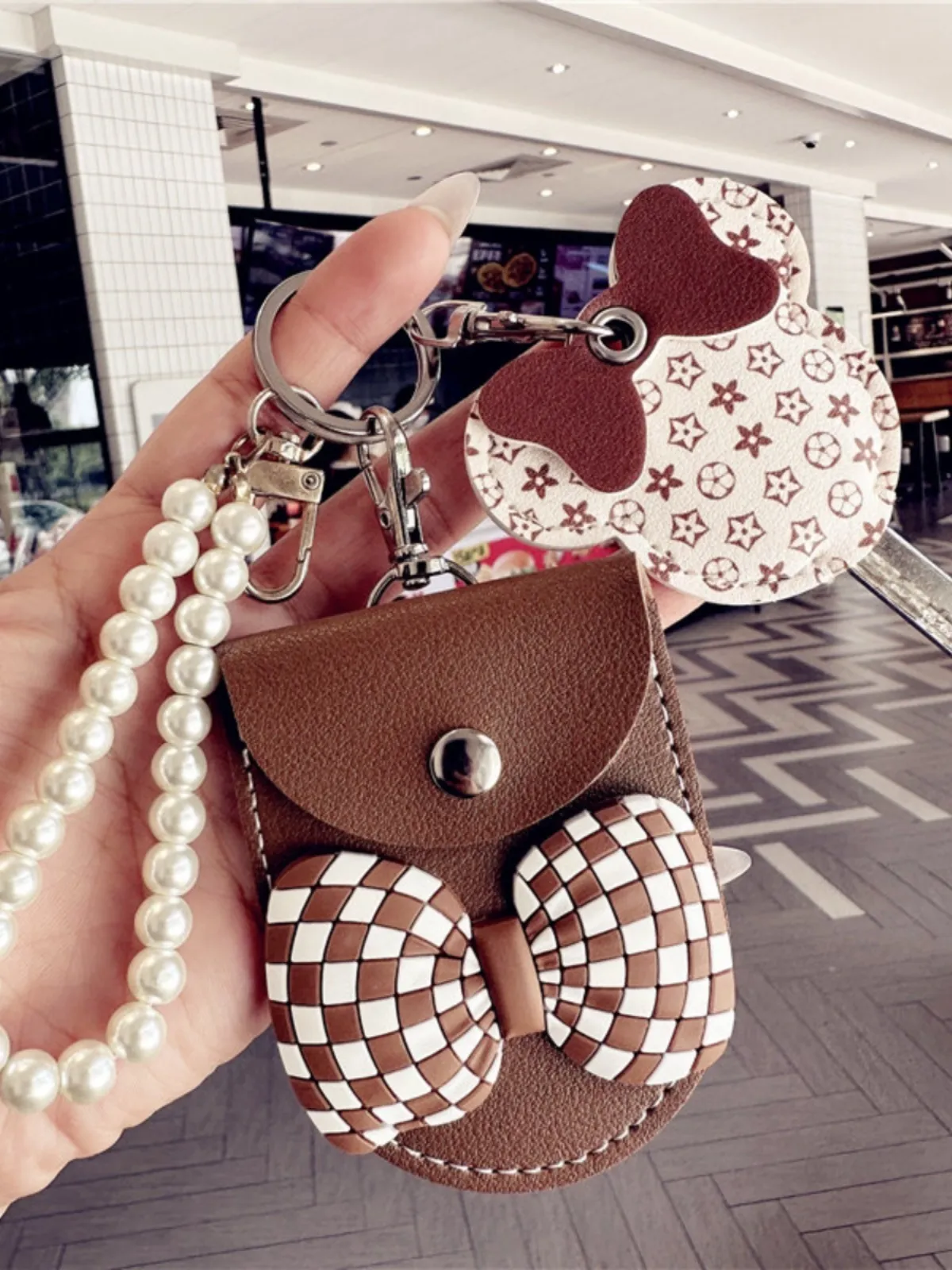 Houdsooth Key Rings Sweet Style Bowknot Houndstooth Pearl Chain Hyundai Car Key Cover ...