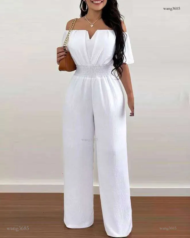 Womens Casual Off Shoulder Jumpsuit Short Sleeve, Shirred Waist