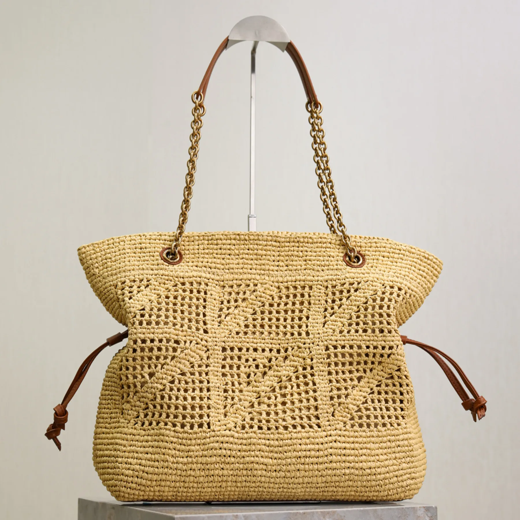 Straw Tote Bag With Leather Accents Stylish Shoulder Handbag For Summer ...