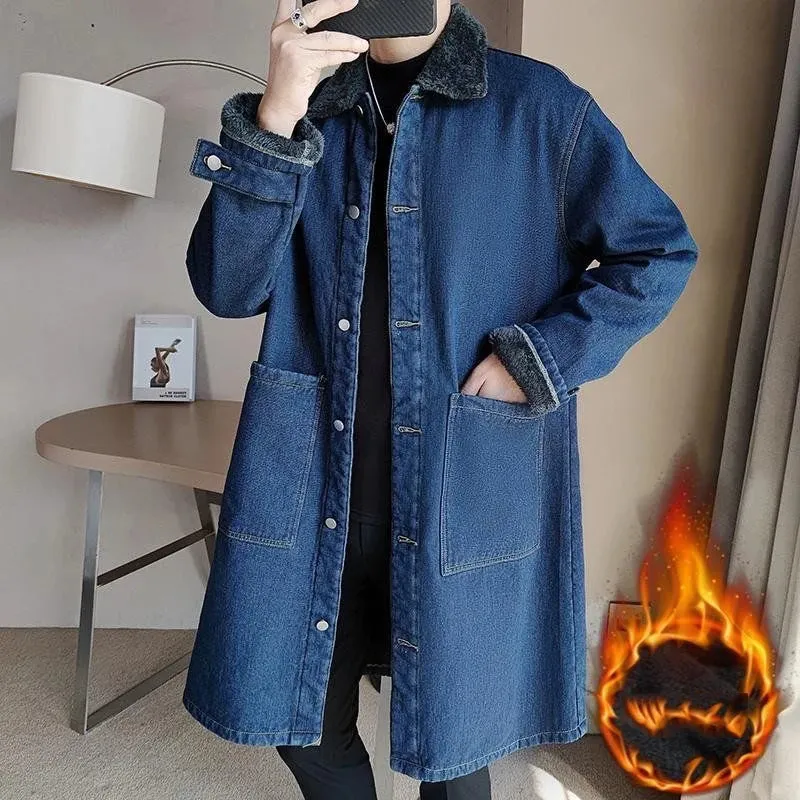 Vintage Denim Trench Coat For Men Medium Long Loose Fit