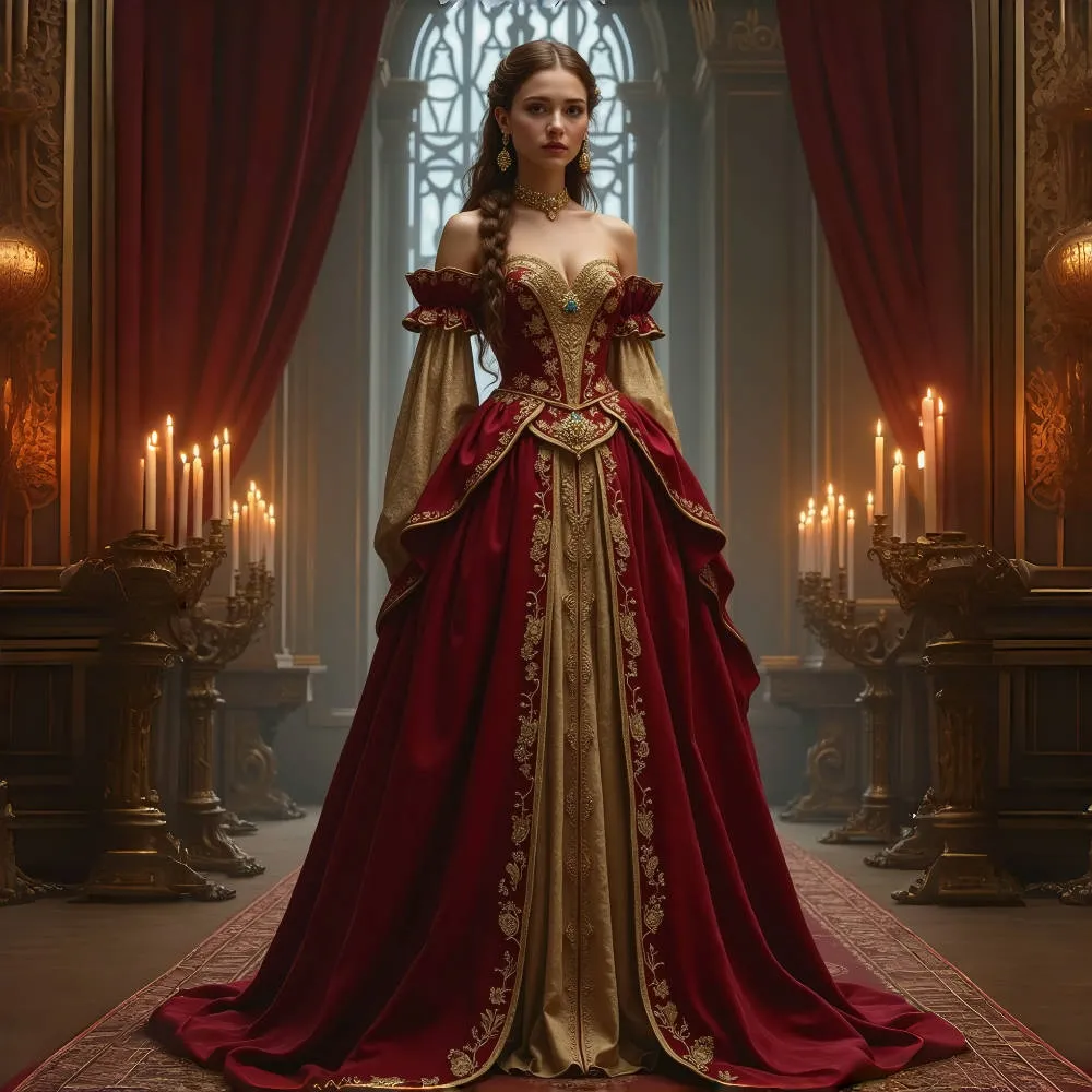 Fantasy Red Gold Prom Dresses Long Sleeves Satin Appliques Vintage Evening Gowns