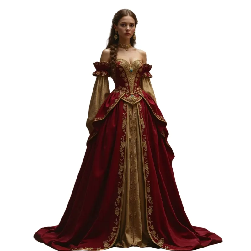 red and gold fantasy dress Custom fantasy gown , Red and black with gold embellishments., Shown with  and without a petticoat so you can see the difference., This gown also  features a train, so its longer at the back., Do you