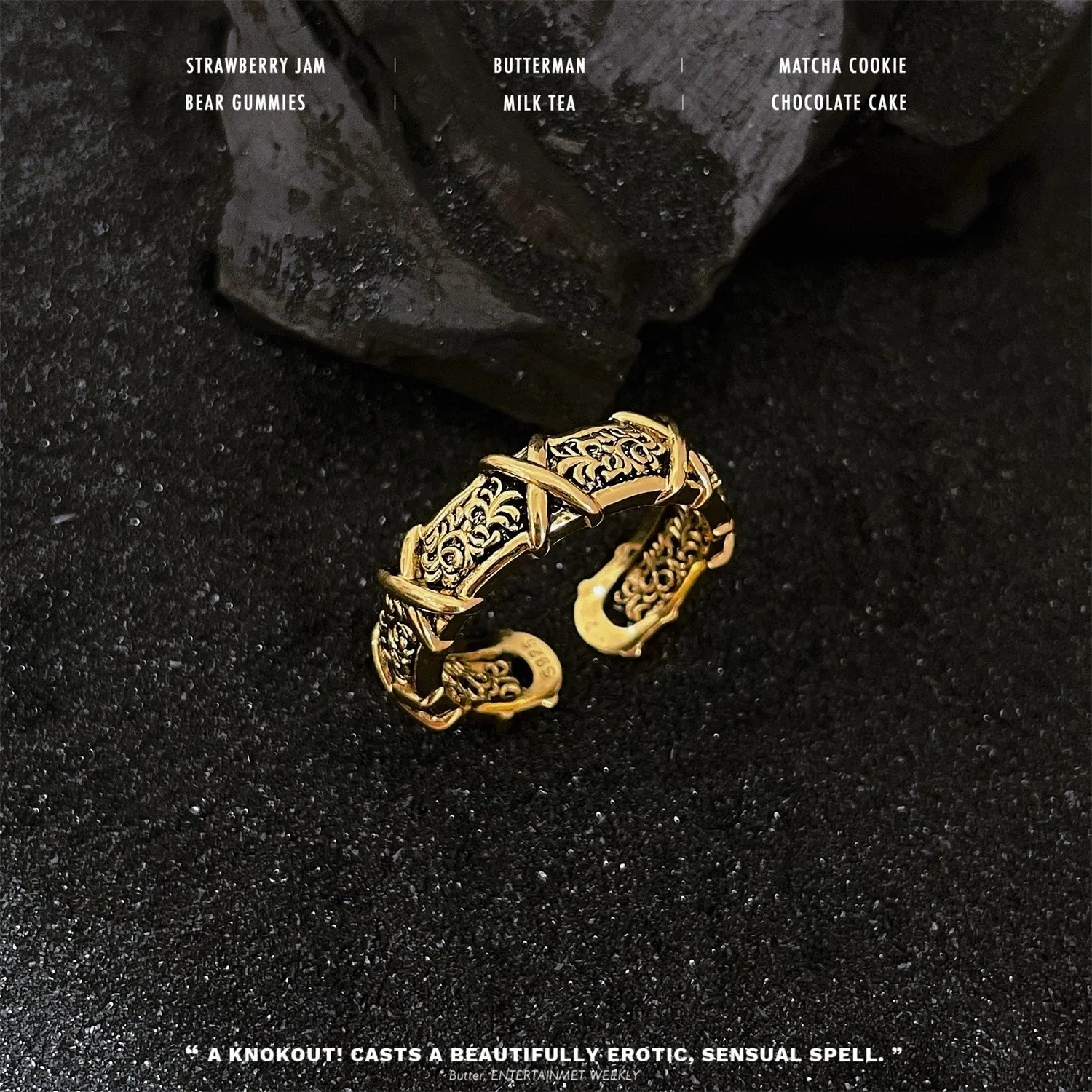 S925 Sterling Silver Ancient Gold Color Tang Grass Pattern Cross 2024 Simple Fashion Personality Open Index Finger Ring_voghion.com