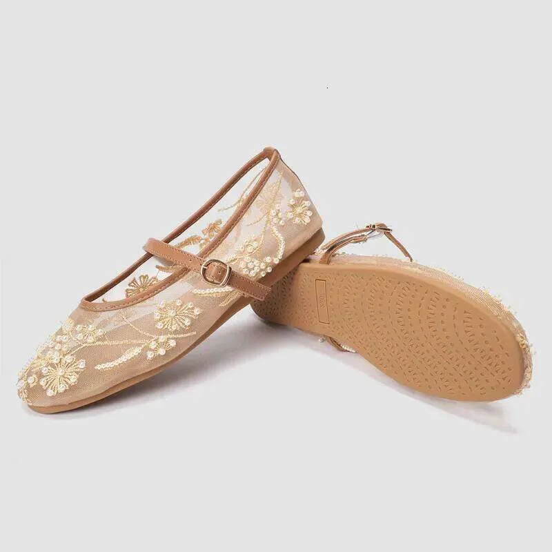 Sandals Women's Elegant White Pearl Beaded Embroidery Mesh Ballet Flats Lightweight Comfortable Summer Mary Jane Fashion_vogvips.com