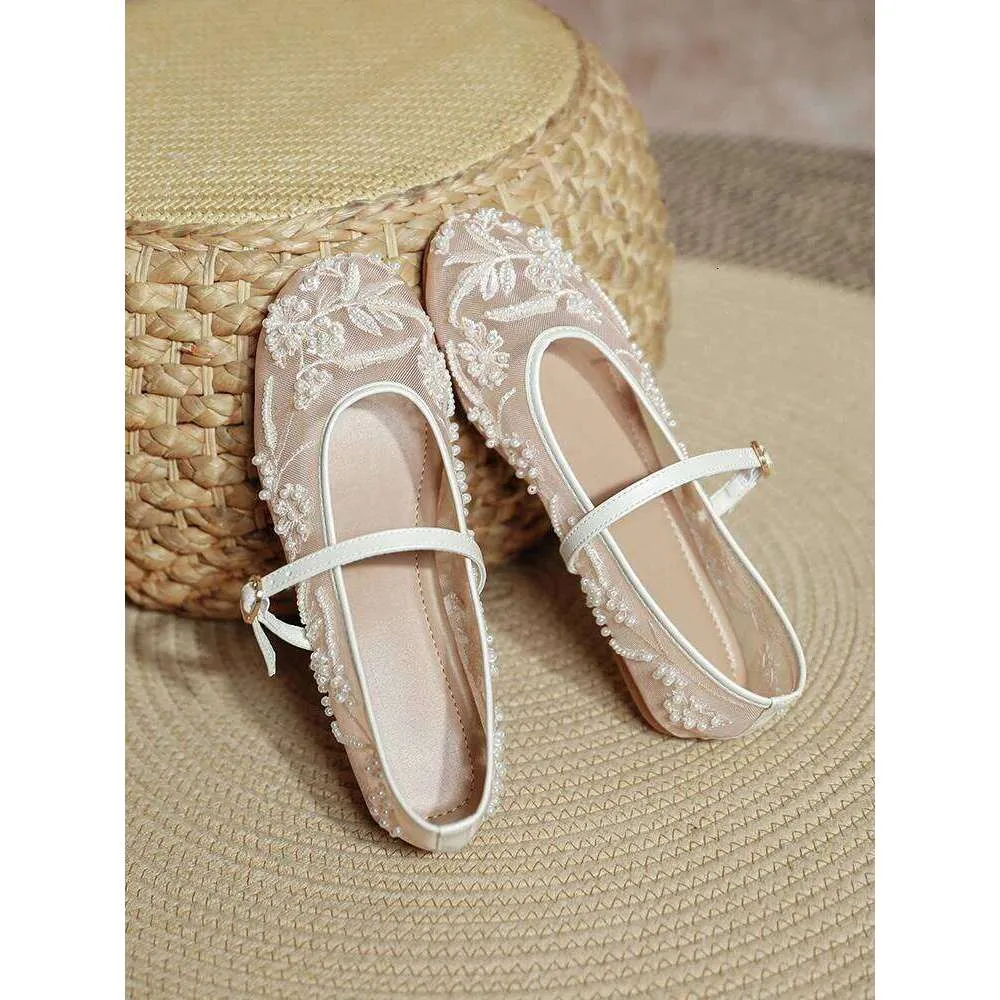 Sandals Women's Elegant White Pearl Beaded Embroidery Mesh Ballet Flats Lightweight Comfortable Summer Mary Jane Fashion_vogvips.com