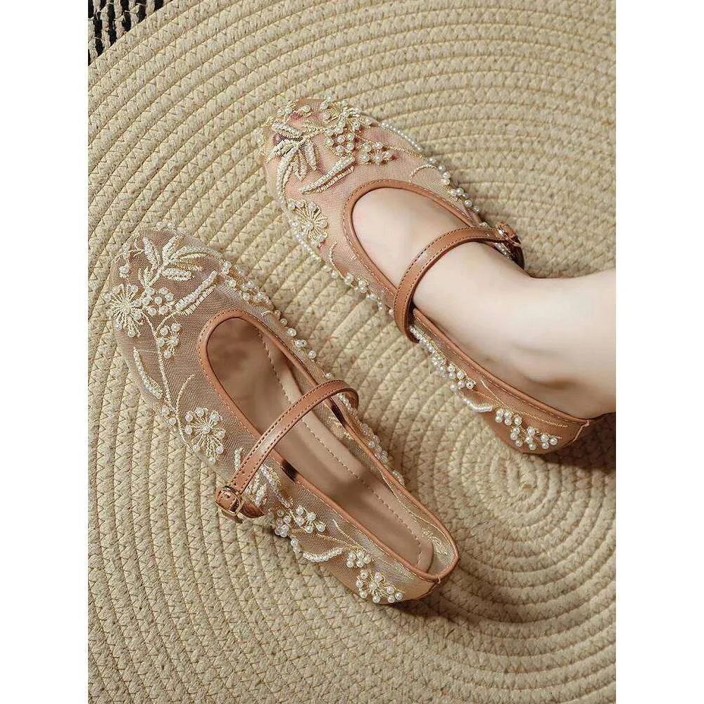 Sandals Women's Elegant White Pearl Beaded Embroidery Mesh Ballet Flats Lightweight Comfortable Summer Mary Jane Fashion_vogvips.com