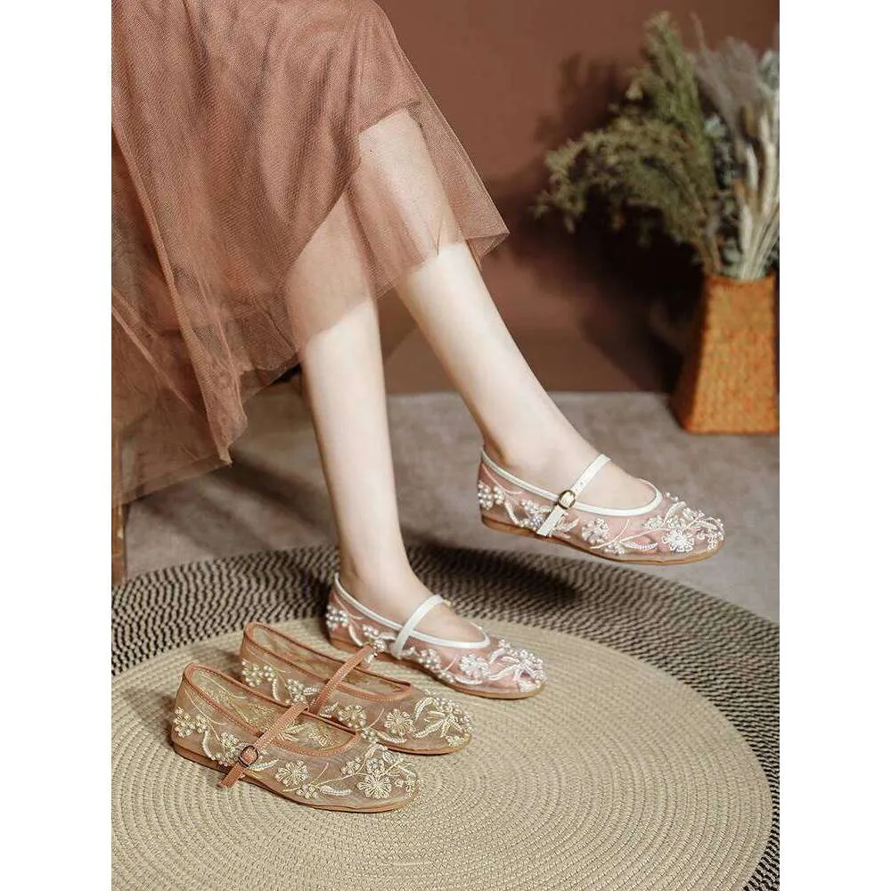 Sandals Women's Elegant White Pearl Beaded Embroidery Mesh Ballet Flats Lightweight Comfortable Summer Mary Jane Fashion_vogvips.com