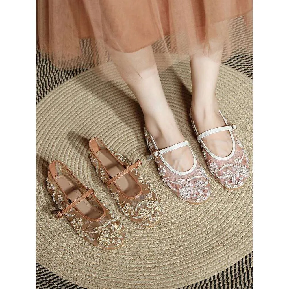 Sandals Women's Elegant White Pearl Beaded Embroidery Mesh Ballet Flats Lightweight Comfortable Summer Mary Jane Fashion_vogvips.com