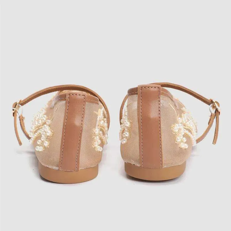 Sandals Women's Elegant White Pearl Beaded Embroidery Mesh Ballet Flats Lightweight Comfortable Summer Mary Jane Fashion_vogvips.com