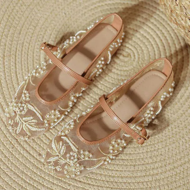 Sandals Women's Elegant White Pearl Beaded Embroidery Mesh Ballet Flats Lightweight Comfortable Summer Mary Jane Fashion_vogvips.com