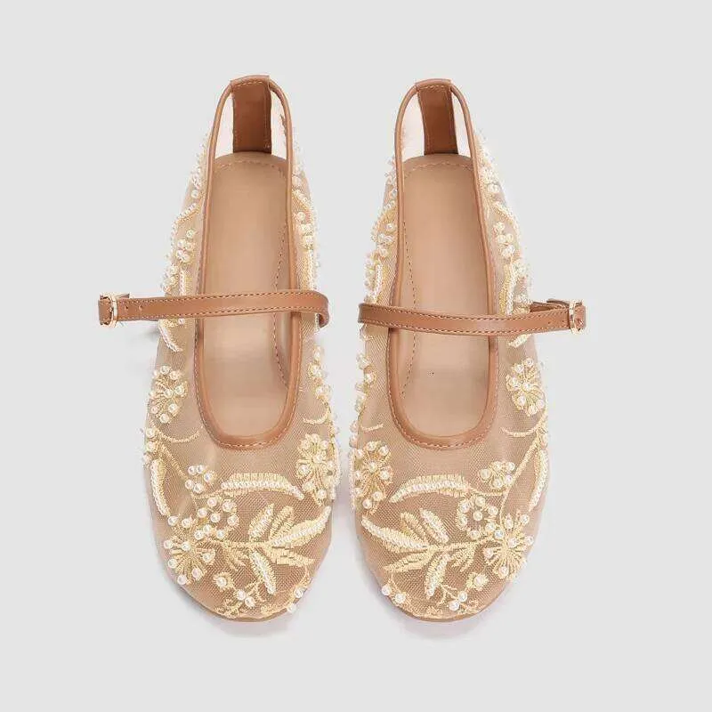 Scarpe Mary Jane da donna con ricamo, perline, rete, bianche e perle, leggere, estive, eleganti e comode, perfette per i viaggi._voghion.com