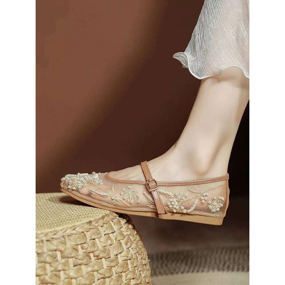 Sandals Women's Elegant White Pearl Beaded Embroidery Mesh Ballet Flats Lightweight Comfortable Summer Mary Jane Fashion_vogvips.com