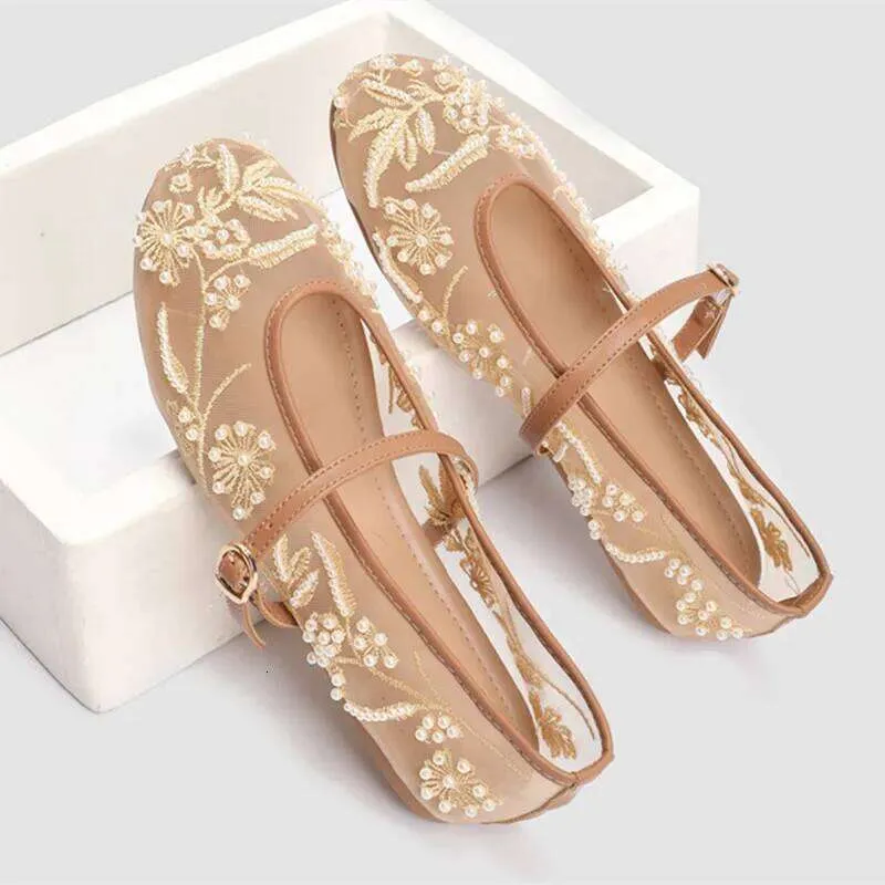 Sandals Women's Elegant White Pearl Beaded Embroidery Mesh Ballet Flats Lightweight Comfortable Summer Mary Jane Fashion_vogvips.com