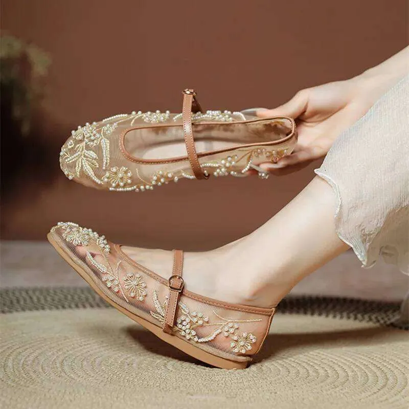 Scarpe Mary Jane da donna con ricamo, perline, rete, bianche e perle, leggere, estive, eleganti e comode, perfette per i viaggi._voghion.com