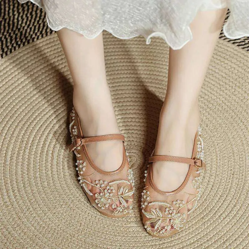 Scarpe Mary Jane da donna con ricamo, perline, rete, bianche e perle, leggere, estive, eleganti e comode, perfette per i viaggi._voghion.com