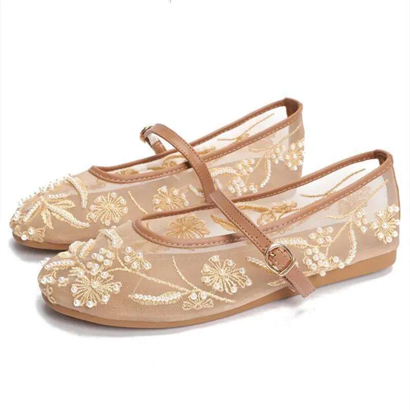 Sandals Women's Elegant White Pearl Beaded Embroidery Mesh Ballet Flats Lightweight Comfortable Summer Mary Jane Fashion_vogvips.com