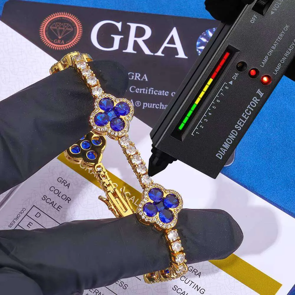 Eskeem Jewelry Bracelet Sterling Sier VVS Moissanite Blue Clover Fashion Unisex Gift Pass Dia Test_voghion.com