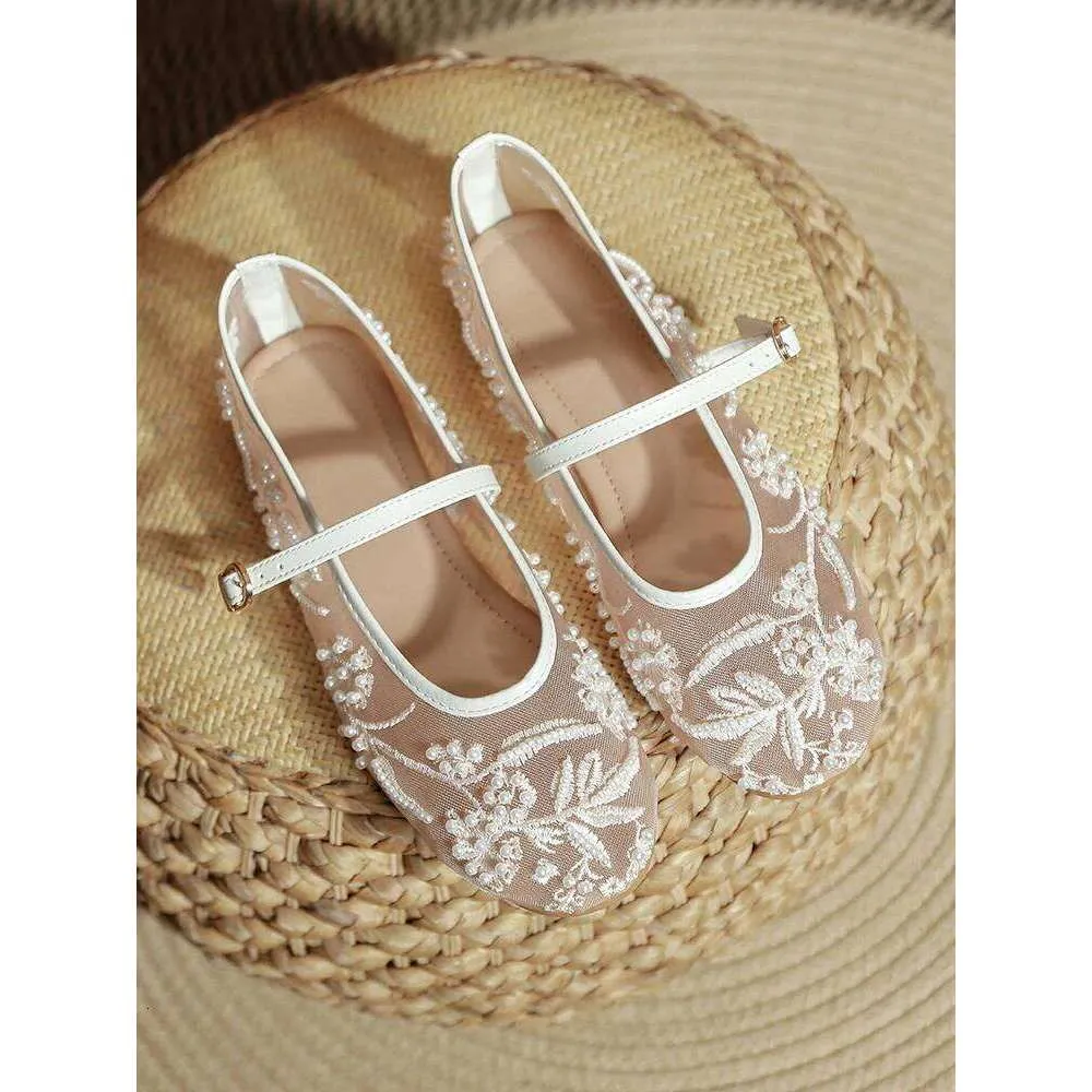 Sandals Women's Elegant White Pearl Beaded Embroidery Mesh Ballet Flats Lightweight Comfortable Summer Mary Jane Fashion_vogvips.com