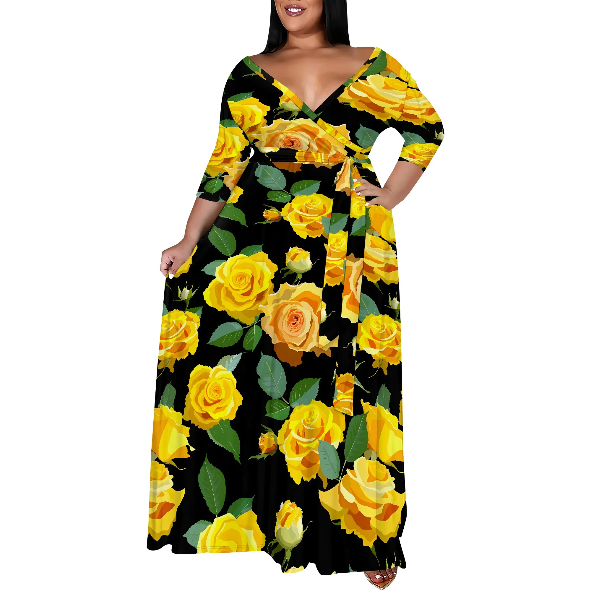 Plus Size Yellow Floral Maxi Dress Black Base Elegant... From 28,84  |  DHgate