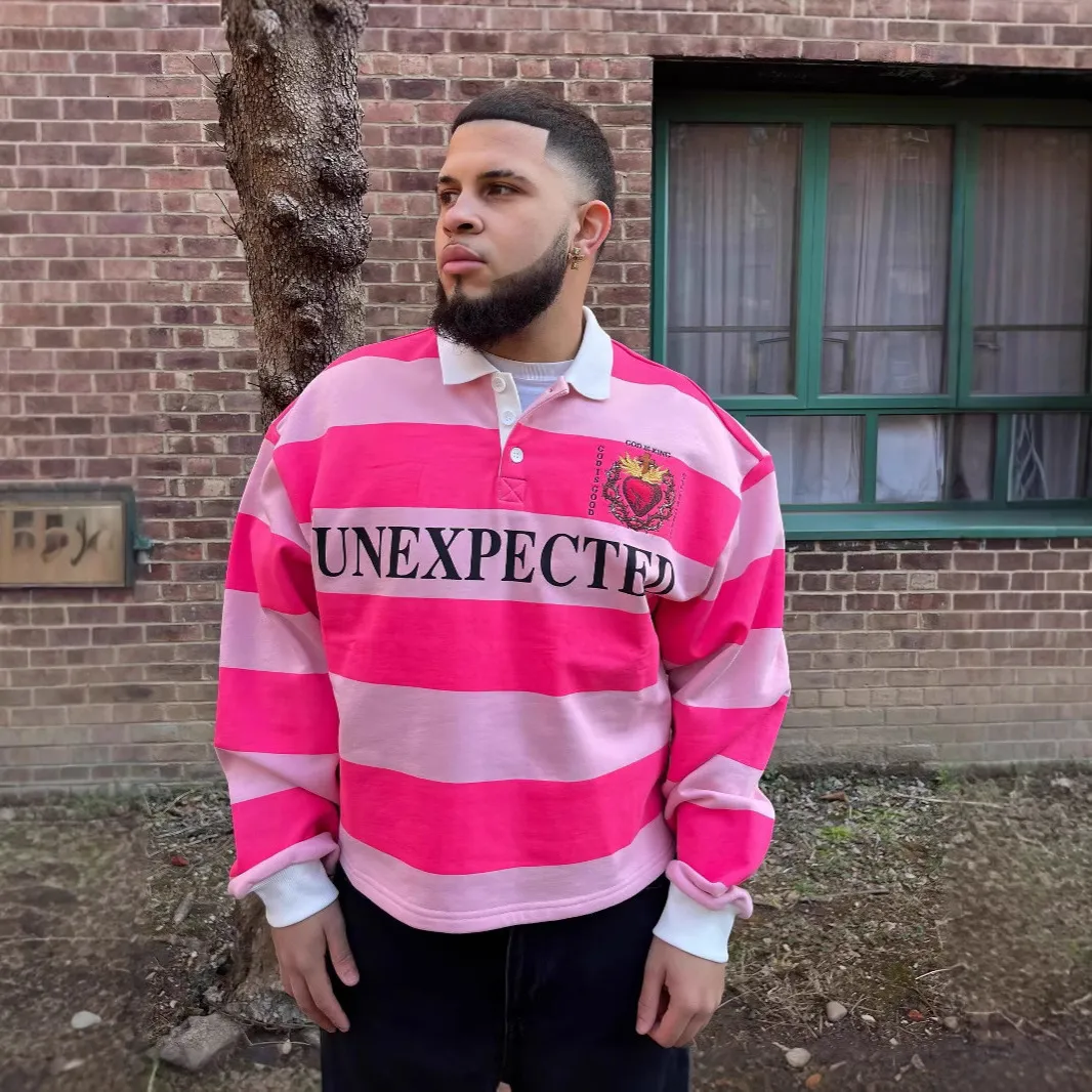 Harajuku Hip Hop Stripe Long Sleeve Polo Shirt Rhinestone