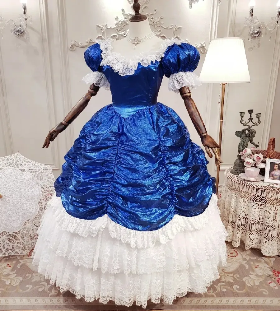 Royal Blue Gothic lancha dress for wedding with Pleated Lace - Renaissance Medieval Bridal Costume for 1980s Duchess and Civil War Bride - Victorian