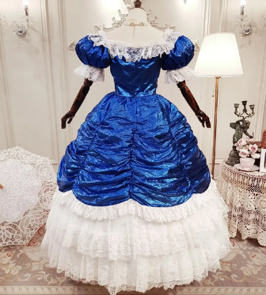 Royal Blue Gothic Lancha Dress for Wedding with Pleated Lace - Renaissance Medieval Bridal Costume for 1980s Duchess and Civil War Bride - Victorian Royal Blue Gothic Lancha Dress for Wedding with Pleated Lace - Renaissance Medieval Bridal Costume for 1980s Duchess and Civil War Bride - Victorian
